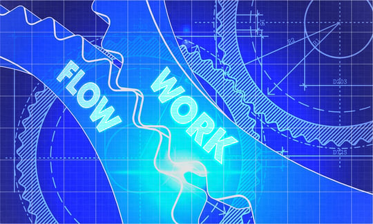 Work Flow Concept. Blueprint Background with Gears. Industrial Design. 3d illustration, Lens Flare.